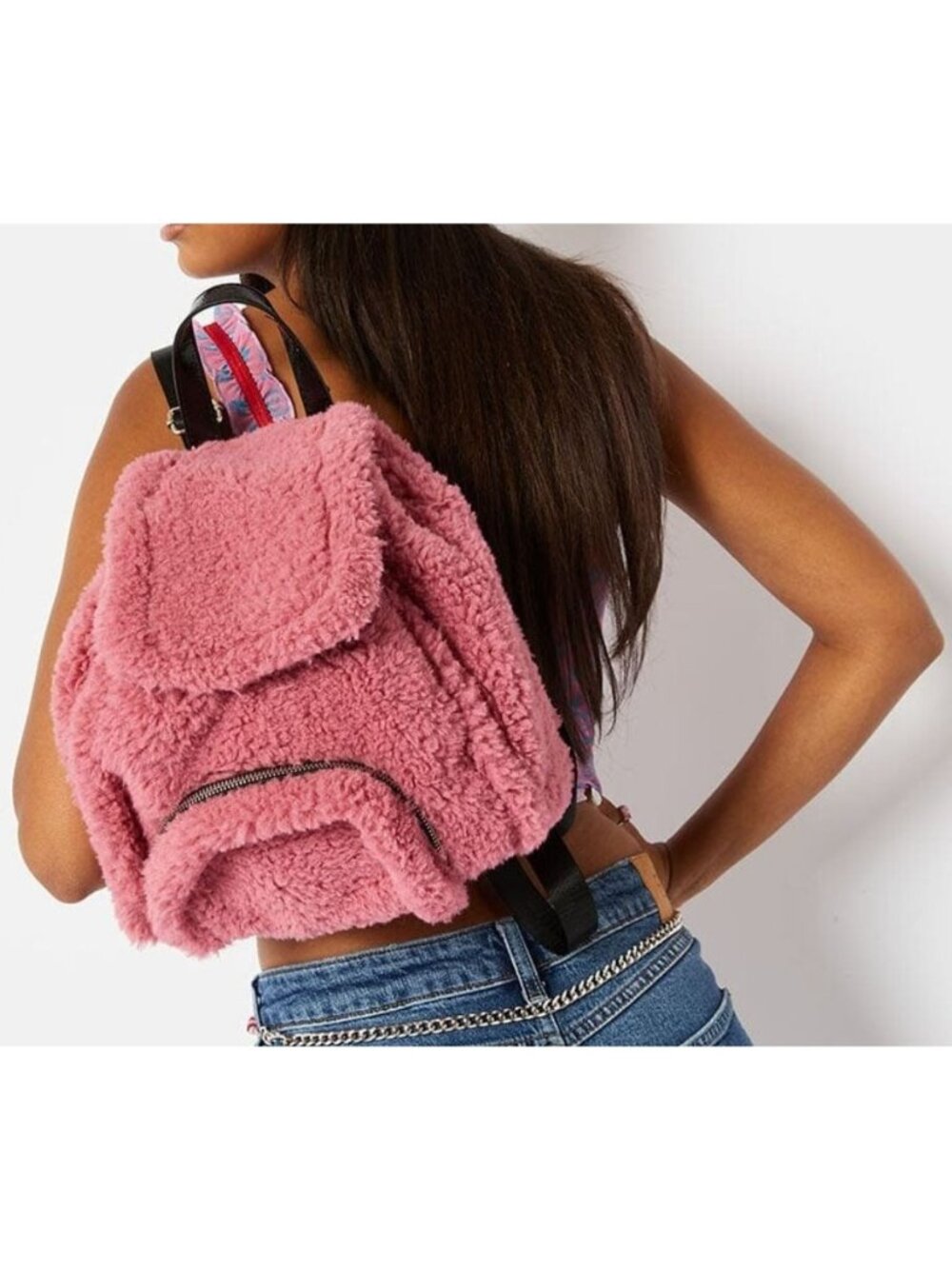 SKINNYDIP Scarlett faux-fur fluffy small women's girl's school  backpack in Pink